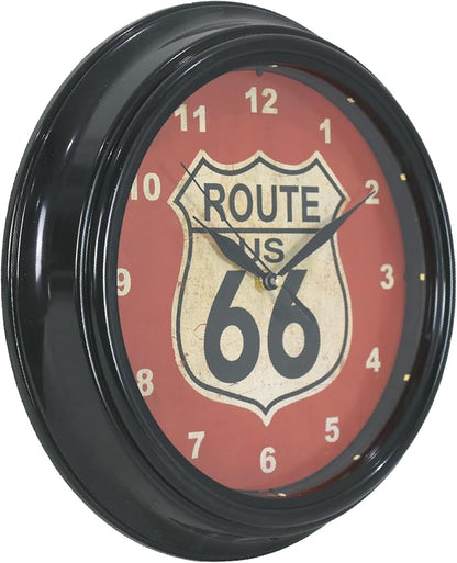 American Art Decor Route 66 LED Wall Clock - 12" Vintage Americana Modern Decor, Battery‑Operated Quartz, Retro Shield for Living Room, Garage, Mancave, Office (Red/Off‑White/Black)