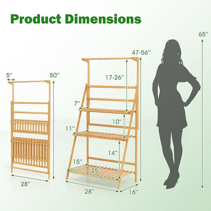 Giantex Plant Stand Indoor Outdoor - Bamboo 3-Tier Hanging Tall Ladder Flower Pot Display Organizer Rack w/Height Adjustable Rod, Folding Plant Shelf Holder for Living Room Corner Patio Garden Balcony