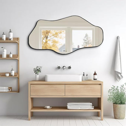 Irregular Wall Mirror, 47"x25" Asymmetrical Aesthetic Mirror with Black Metal Frame, Organic Mirrors for Entryway Hallway Living Room Bathroom Bedroom, Horizontal or Vertical Hanging
