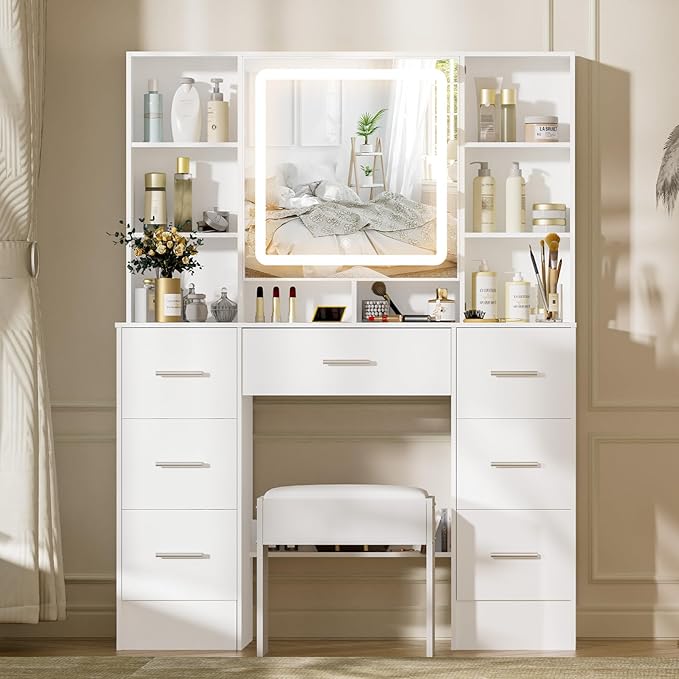 39" W Makeup Vanity Desk with Mirror and Lights, White Vanity Set with 7 Drawers and 8 Storage Shelves, Vanity Table with Adjustable LED Lights and Stool, Dressing Table for Girls, White