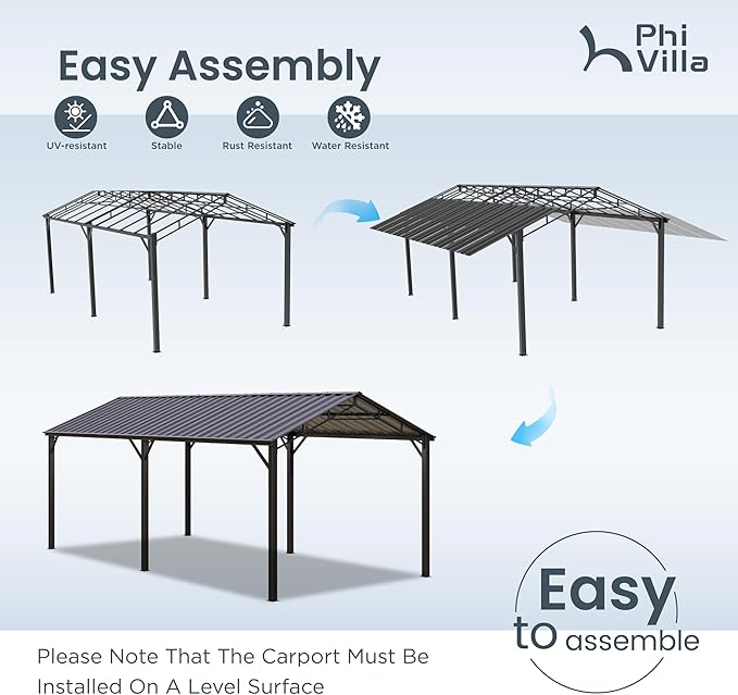 PHI VILLA 10 x 20 ft Carport Metal Carports with Galvanized Steel Roof, Sturdy Heavy Duty Metal Carport for Cars, Boats, and Tractors