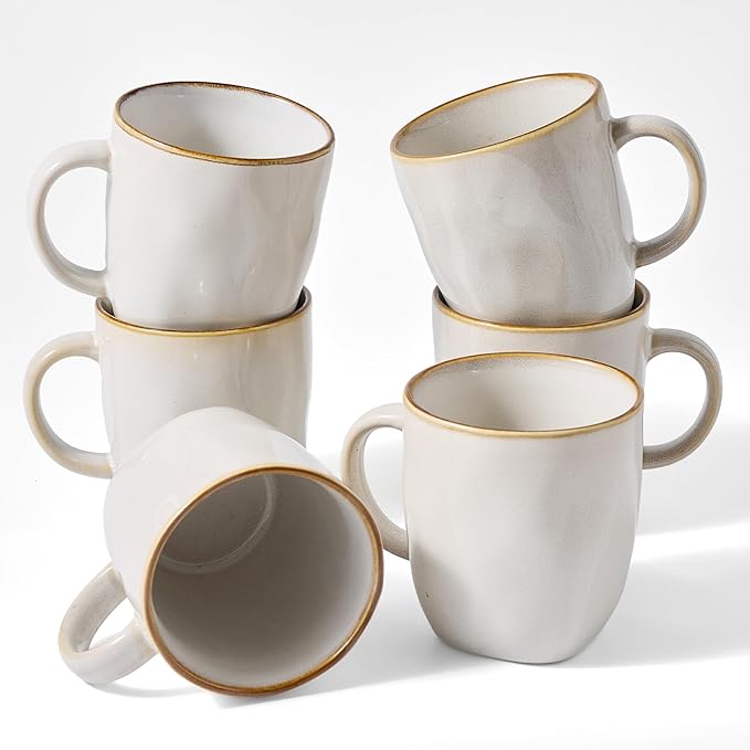 famiware Coffee Mugs Set of 6, Ocean Square 13oz Coffee Cup Set with Handle for Cocoa, Milk, Hot Chocolate, Tea, Water, Stoneware Cups for Kitchen, Microwave and Dishwasher Safe, Cappuccino White