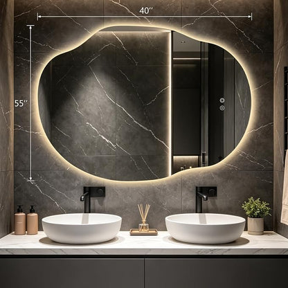 Asymmetrical Bathroom Mirror with Lights,Irregular LED Bathroom Vanity Mirror with Backlit,Anti-Fog,3 Colors and Dimmable Light with Memory,Hardwired Supported[Horizontal/Vertical] 55" H x 40" W