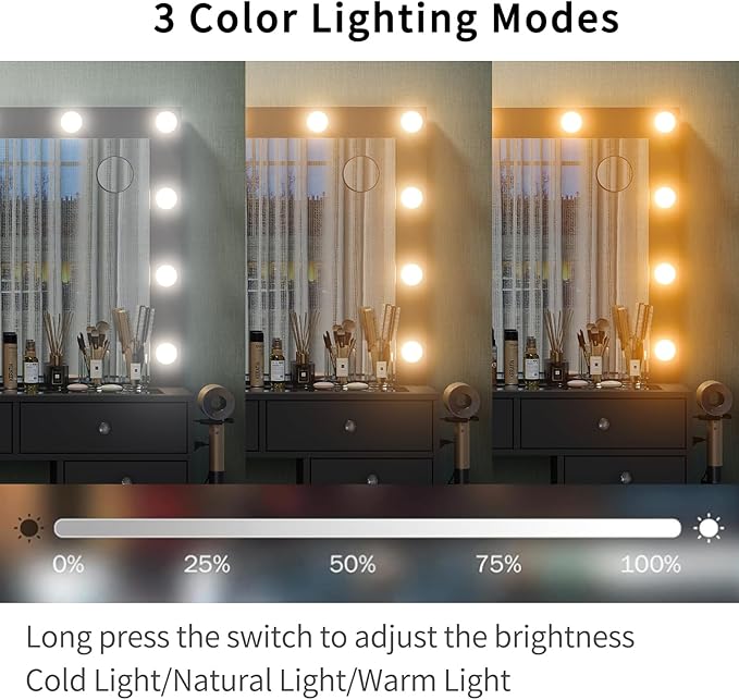 15 Drawers Makeup Vanity with Charging Station, Vanity Desk with 12 LED Bulbs and HD Mirror, 3 Color Brightness Adjustable, Vanity Set for Bedroom, Black