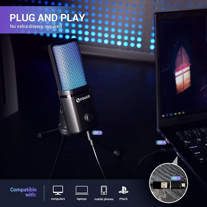 FDUCE Gaming USB Microphone for PC, RGB Condenser Computer Mic