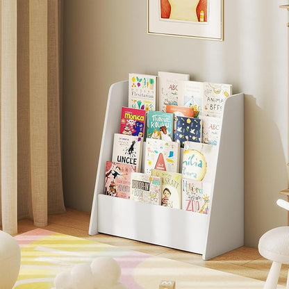 GLACER 4-Tier Kids Bookshelf, Wood Toddler Bookcase with Deep Magazine Display Shelf & Back Storage Space, Children Storage Organizer for Nursery, Playroom, Kids Bedroom, Classroom (White)