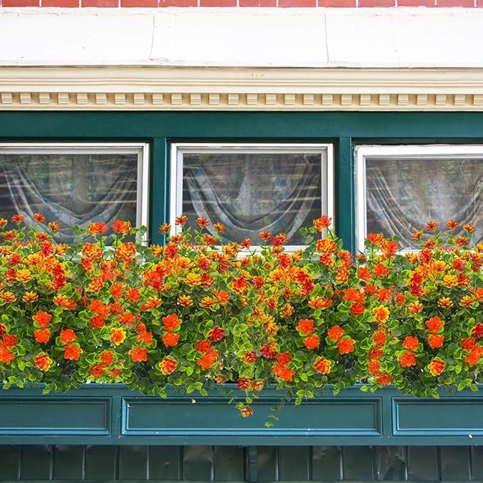 10 Bundles Artificial Fake Flowers, Faux Outdoor Plastic Plants UV Resistant Shrubs Outside Indoor Decorations (Orange-Eucalyptus)