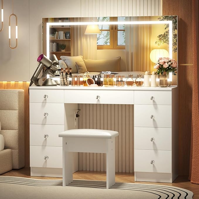 VOWNER Vanity with Lighted Mirror - 47" Makeup Vanity Desk with 9 Drawers and Power Outlet, 3 Color Lighting Modes Adjustable Brightness, Makeup Desk with Soft Cushioned Stool for Bedroom, White