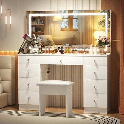 VOWNER Vanity with Lighted Mirror - 47" Makeup Vanity Desk with 9 Drawers and Power Outlet, 3 Color Lighting Modes Adjustable Brightness, Makeup Desk with Soft Cushioned Stool for Bedroom, White