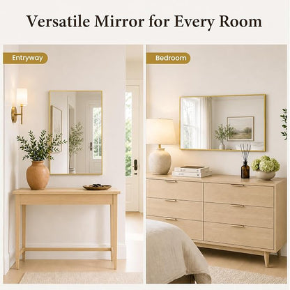 24x36 Inch Brushed Gold Bathroom Mirrors Set of 2, Tempered Glass Rectangular Wall Mirror, Rustproof Metal Frame Double Vanity Mirrors for Over Sink, Entryway, Flush Mount