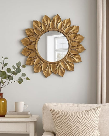 Sunflower Sunburst Wall Mirror, 22" Distressed Gold Wooden Frame, Handcrafted Petal Floral Design, Vintage Farmhouse Style Mirror for Wall Decor for Living Room, Bedroom, Bathroom, Vanity