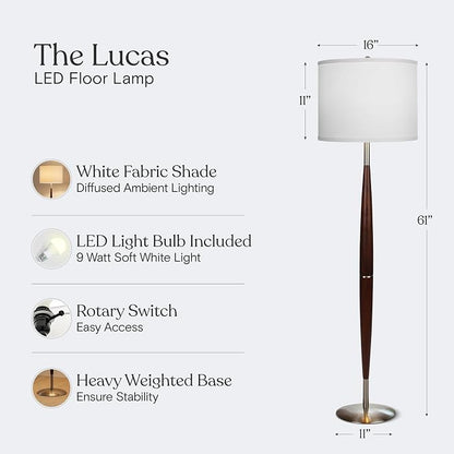 Brightech Lucas LED Floor Lamp, Modern Light for Living Rooms & Offices, Great Living Room Décor with Drum Shade & Handsome Wood Finish, Bohemian Standing Lamp for Bedroom Reading