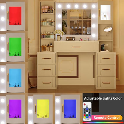 Makeup Vanity Desk with Mirror and Lights,Glass Top Dresser with Charging Station,Vanity Table with 7 Drawers and 10X Makeup Mirror,Rotating Open Storage Cabinet (White-10X Mirror, Large)