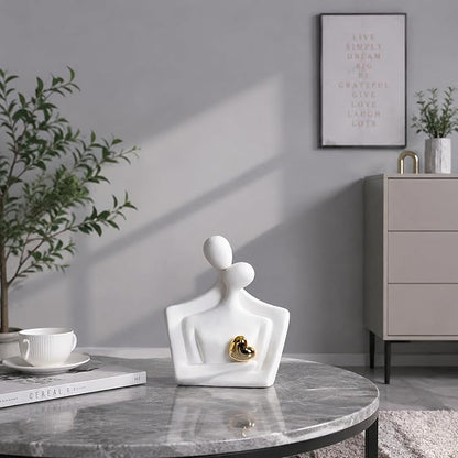 Ceramic Hugging Couple Statue with Gold Heart - Lover Figurine Home Decor Aesthetic, Romantic Gift for Her on Wedding Anniversaries and Valentine's Day Decor for Living Room Bedroom Shelf