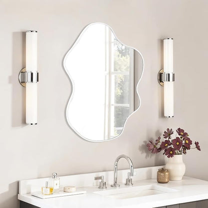 Tanmicoshomy White Irregular Wall Mirror 24x36 Inch, Cloud Shaped Frame Asymmetrical Wavy Mirror with Tempered Glass for Bathroom Bedroom Living Room or Entryway