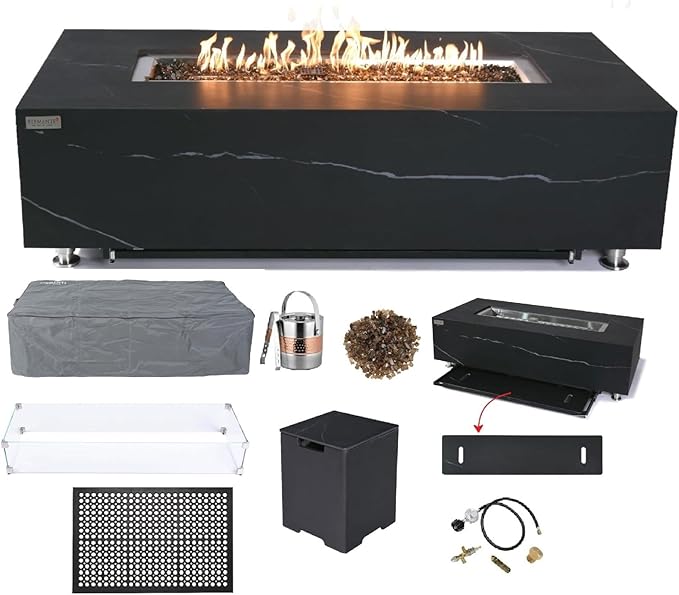 Elementi+ | Bundle Varna Gas Fire Pit | Marble Porcelain & Metal Frame | 60" Rectangular Fire Table | Electronic Ignition | Canvas Cover, Fire Glass & Burner Lid Included | Black | Propane Gas
