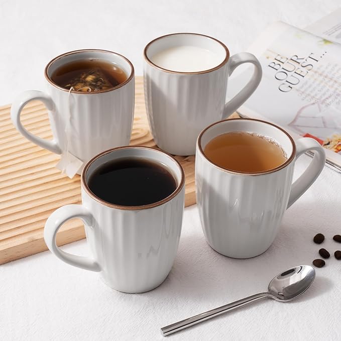 famiware Coffee Mugs Sets for 6, Eden 12 oz Mug Set, Coffee Cups with Handle for Coffee, Tea, Cocoa and Milk, Microwave and Dishwasher Safe, White Stripe
