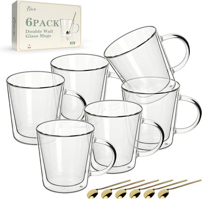LIBWYS 12oz Double Wall Glass Coffee Mugs, Cappuccino Latte Tea Cups with Handle, Heat Resistant Borosilicate Insulated Clear Glasses (Set of 6)