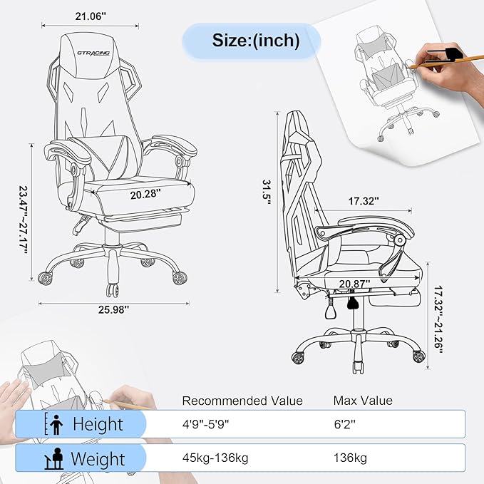 GTRACING Gaming Chair, Computer Chair with Mesh Back, Ergonomic Game Chair with Footrest, Reclining Game Chair with Adjustable Headrest and Lumbar Support for Gaming and Office (White)