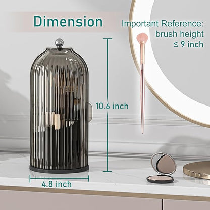 GAXmi Makeup Brush Holder with Lid Cosmetic Tools Organizer 360 Rotating Waterproof Dustproof Beauty Brushes Storage for Vanity, Black-Grey