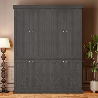 Vyre 70.8" Tall Bookshelf with Doors, Farmhouse Modular Bookcase with 4-Tier Adjustable Shelves, Large Storage Cabinet for Home Office, Living Room, Black