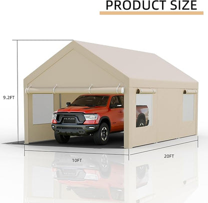 JY QAQA Carport, 12x20 FT Heavy Duty Carport Reinforced Steel Poles with Removable Sidewalls & Doors,Roll-up Windows Car Canopy with Sandbags and All-Season Tarp for Car Boat Truck Motorcycle,Khaki