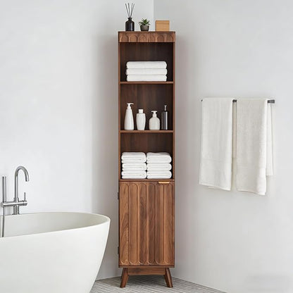 Tall Narrow Bookshelf with Door, Mid Century Modern Bookcase, 71" Slim Storage Cabinet with Adjustable Shelves, Modern Open Display Storage Organizer for Living Room Bathroom Office, Walnut