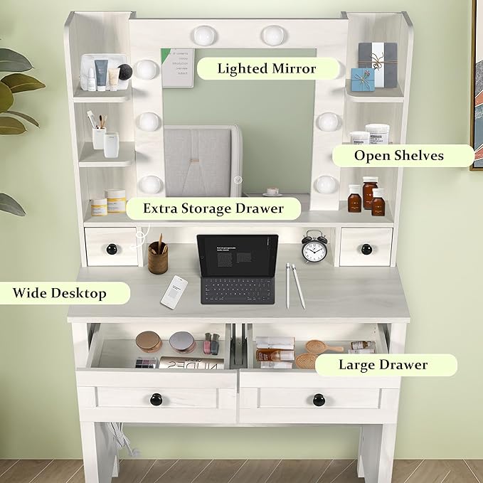 MISHAO Vanity Desk with Mirror and Lights, 31.4" Makeup Vanity with Power Strip, Dressing Table Set with 2 Large Drawers & Storage Stool,Vanity Mirror 3 Lighting Color Adjustable, Oak White
