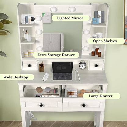 MISHAO Vanity Desk with Mirror and Lights, 31.4" Makeup Vanity with Power Strip, Dressing Table Set with 2 Large Drawers & Storage Stool,Vanity Mirror 3 Lighting Color Adjustable, Oak White