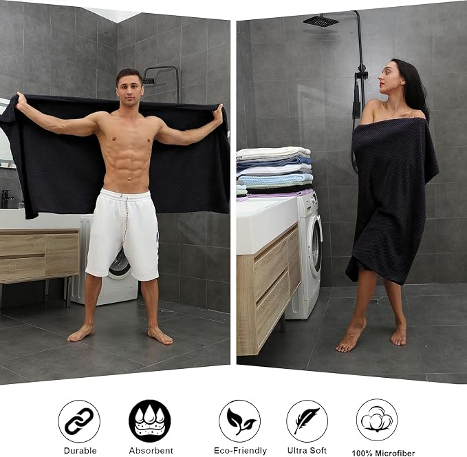 8-Piece Bath Towel Set, 2 Extra Large Bath Towel Sheets, 2 Hand Towels and 4 Washcloths - Highly Absorbent Quick Dry Microfiber,Ultra Soft Towel Set for Bathroom,Waffle Weave Design, Pack of 8 (Black)