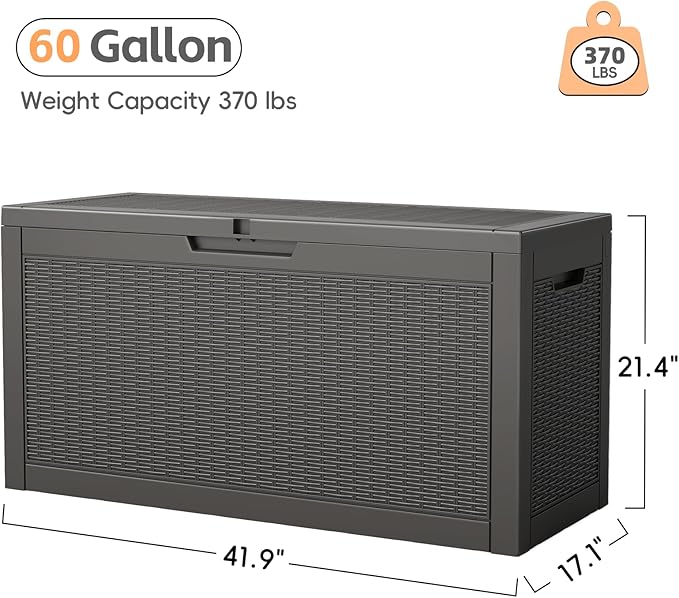 Outdoor Storage Box, 60 Gallon Waterproof Resin Deck Box, Storage Bin for Package Delivery, Patio Furniture Cushion, Garden Tools, Pool Accessories, Weatherproof and UV Resistant, Black