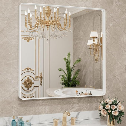 LOAAO 38x38 Inch White Metal Framed Bathroom Mirror for Wall, White Bathroom Vanity Mirror Farmhouse, Large Rounded Rectangle Mirror, Anti-Rust, Tempered Glass, Hangs Horizontally or Vertically