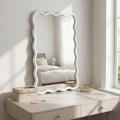 30x20 Inch Wooden Wavy Rectangle Wall Mirror, Modern Solid Wood Frame Decorative Accent Mirror for Bedroom, Bathroom, Living Room, Entryway, White