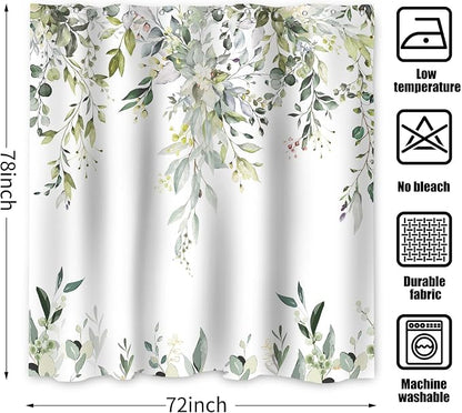 Sage Green Eucalyptus Extra Long Shower Curtain, Watercolor Leaves Plant Spring Floral Waterproof Fabric Machine Washable with Hooks for Bathroom Bathtub Decor 72Wx78H