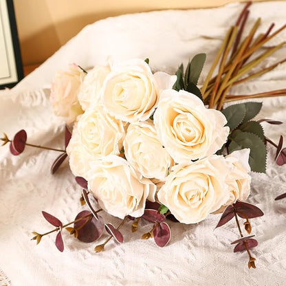 Kimura's Cabin 12pcs Lifelike Faux White Roses Artificial Plastic Silk Rose Long Stem Fake Roses Bouquet for Valentines Day Home Centerpiece Wedding Party DIY Decoration (White)