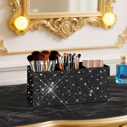 Bling Makeup Brush Holder Organizer, 3 Slot Sparkle Cosmetics Brushes Storage Holders with Shiny Rhinestones, Glitter Cute Pen and Pencil Holder for Desk, Eyeliners Display Case for Vanity (black)