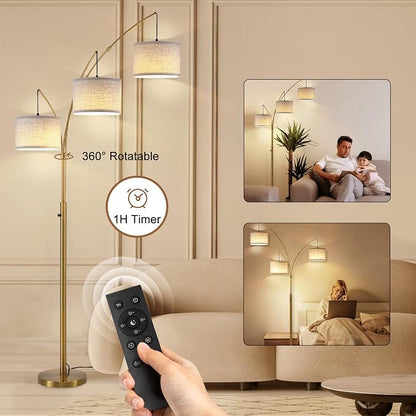 Netin Gold Floor Lamp, Arc Floor Lamps for Living Room Bright Lighting, 3 Light Dimmable Floor Lamp with Remote Control, 3 Color Temperature, Tree Floor Lamp for Bedroom Office