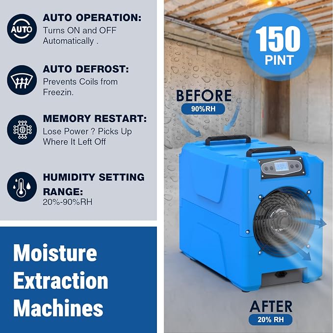 MOUNTO Commercial Dehumidifier, 150 Pint High-Capacity, Includes Pump Drain Hose