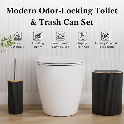 10PC Bathroom Accessories Set - Black and Wooden Bathroom Sets, Bathroom Accessory Set with Pop Up Trash Can, Toilet Brush, Trash Can, Qtip Holder & Soap Dispenser