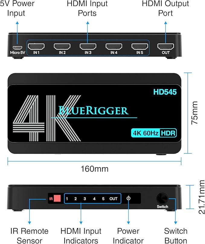 BlueRigger 4K HDMI Switch 5 in 1 Out – Compatible
