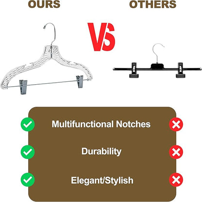 Quality Clear Plastic Skirt Hangers - 12 Pack Crystal Cut for Skirt, Pant, Dress, Suit, Coat Hangers Heavy Duty & Nonslip Design Asujtable Clips, Swival Hook, 17" inch (12, Crystal Skirt)