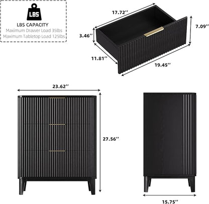 3 Drawer Fluted Dresser for Bedroom, Modern Closet Dressers Chest of Drawers, 23.6" Rustic Wood Nightstand 3-Drawer Dresser Bedside Table, Curved End Table with 3 Large Drawers for Living Room Black