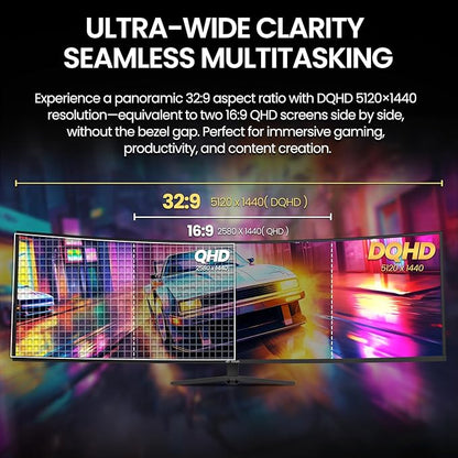 CRUA 49" Curved Gaming Monitor | DQHD(5120 * 1440), 144Hz/165Hz, 1500R, 32:9, AMD FreeSync, 120% sRGB, Height Adjustable Ultra-Wide Screen Monitors, HDMI 2.1 & DP 1.4, Wall Mount Install- Black