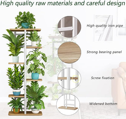 LINZINAR Plant Stand 6 Tier 7 Potted Multiple Flower Pot Holder Shelf Indoor Outdoor Planter Display Shelving for Patio Garden Corner Balcony Living Room (6 Tier-7 Potted, White)