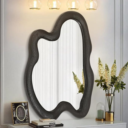 AAZZKANG Irregular Wall Mirror Large 32"x24" Black Asymmetrical Modern Wood Frame Mirrors for Bathroom Bedroom Living Room Entryway