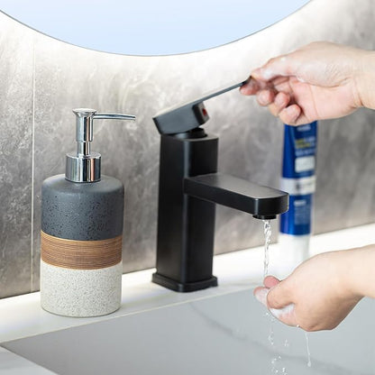 Dish Soap Dispenser Set with Silicone Funnel, Hand Soap, Shampoo, Body Wash, Ceramic Liquid Soap Dispenser for Kitchen and Bathroom Countertops, Stainless Steel Pump, Non Slip, 12 Oz, Black