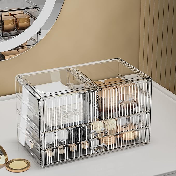 ZHIAI Stackable Storage Drawers, Acrylic Bathroom Counter Organizer Clear Makeup Organizers for Vanity, Kitchen Cabinets, Bathroom, Undersink, Home Organization and Storage (4 Drawers, Pattern D)