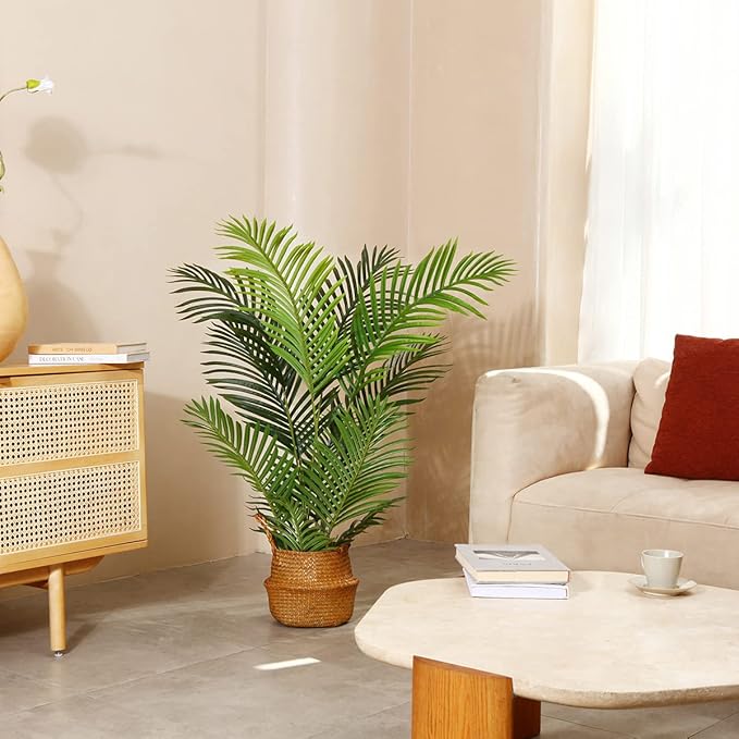 LOMANTO Fake Majesty Palm Plant 4Ft Artificial Plants for Home Decor Indoor Faux Palm Trees in Pot Fake Tropical Plants for Housewarming Gift 1Pack