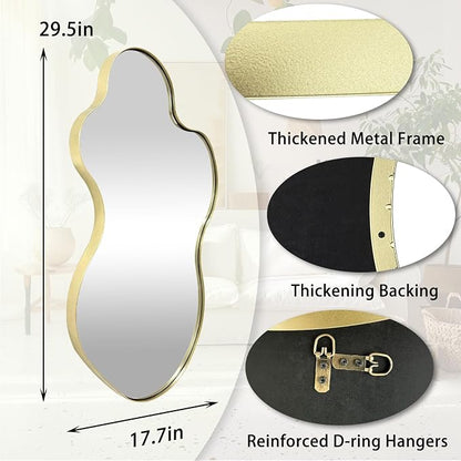 Irregular Wall Mirror, 30"x18" Asymmetrical Decorative Accent Mirror with Gold Metal Frame, Organic Shape Mirrors for Entryway Bedroom Living Room, Horizontal or Vertical Hanging ﻿