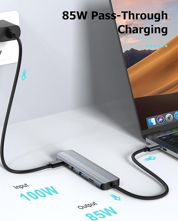 USB C Hub Multiport Adapter for Laptop MacBook Air/Pro, 100W PD, 2xUSB-A 3.0